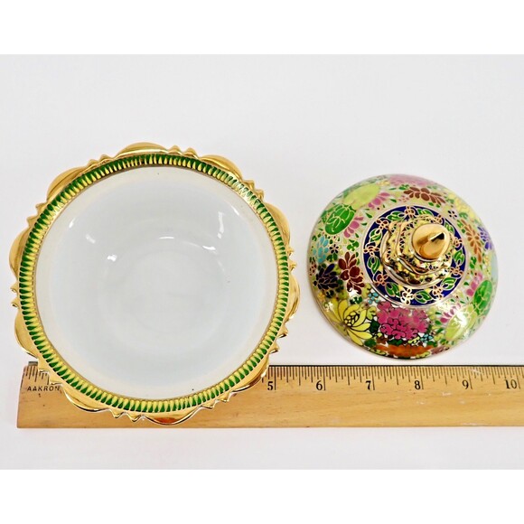 Hand Thai Painted Gold Tone Pottery BENJARONG Porcelain Cup & Lid Cloisonné 4.5" - Picture 13 of 14